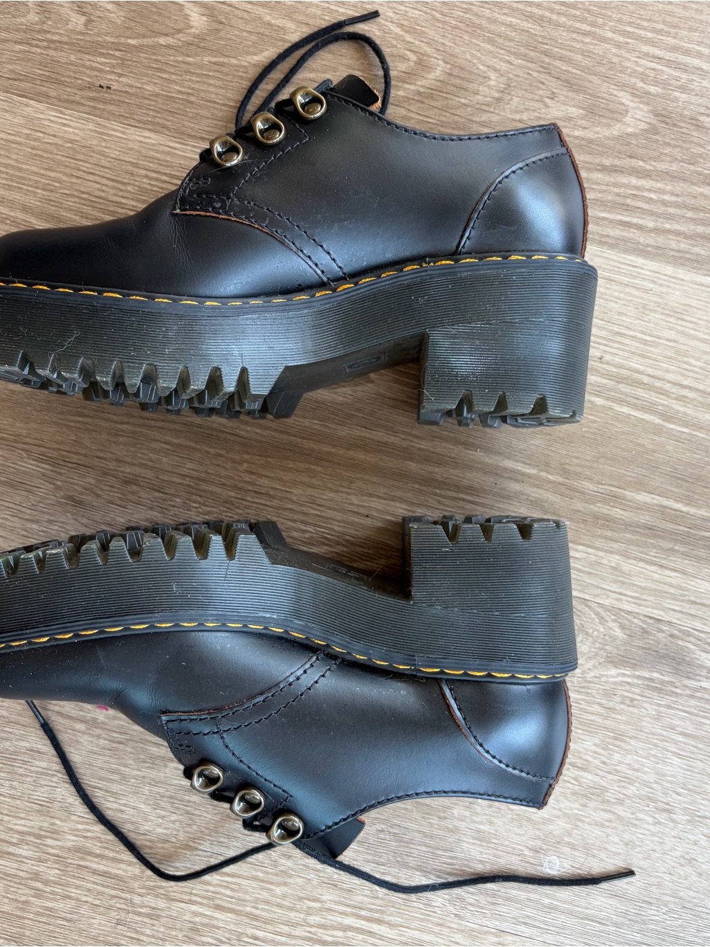 Dr. Martens Black Leather Lace-Up Oxfords With Yellow Stitching
